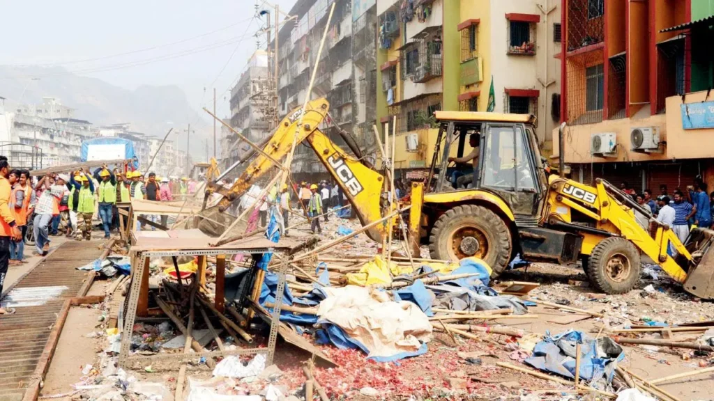 Illegal constructions demolished in Mumbai amid heavy security deployment following clashes during Ayodhya Ram mandir pran pratishtha celebrations.