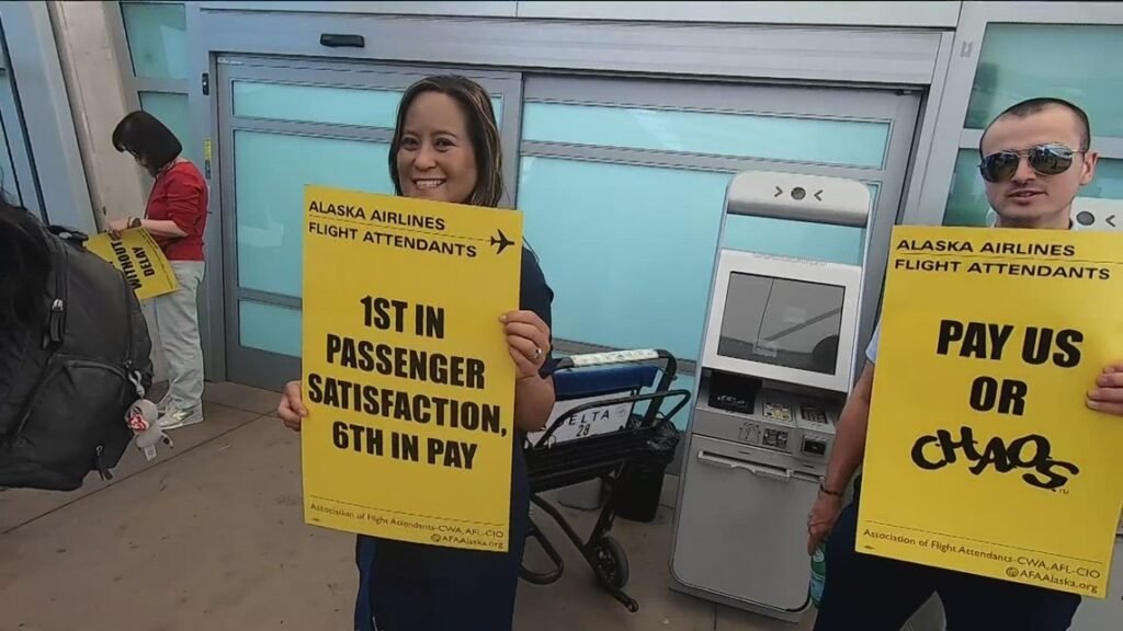 Alaska Air flight attendants authorized a strike mandate for the first time in three decades, as thousands of cabin crew across three unions picketed for higher pay outside airports in the United States, the UK and Guam on Tuesday.