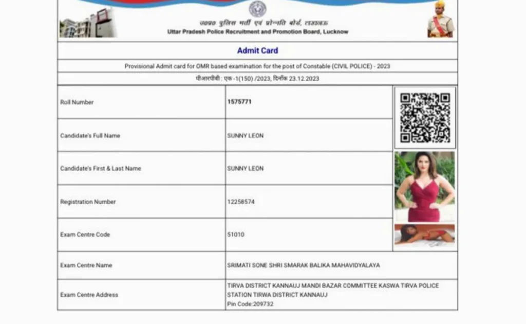 Sunny Leone's image on Uttar Pradesh Constable exam admit card sparks online buzz. More than 120 arrests made for cheating, impersonating.