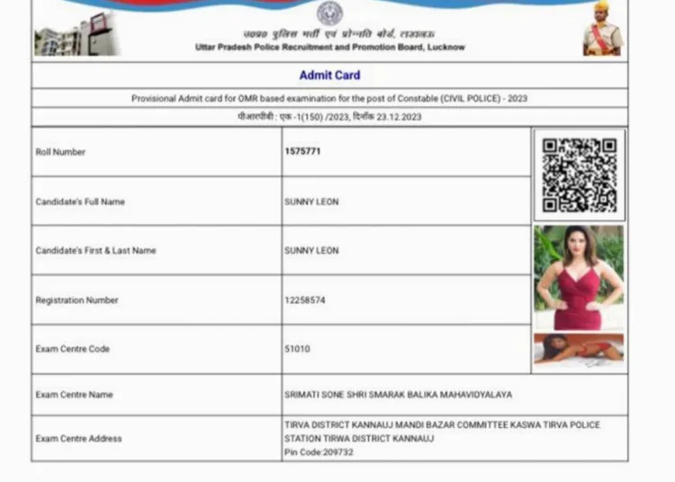 Sunny Leone's image on Uttar Pradesh Constable exam admit card sparks online buzz. More than 120 arrests made for cheating, impersonating.